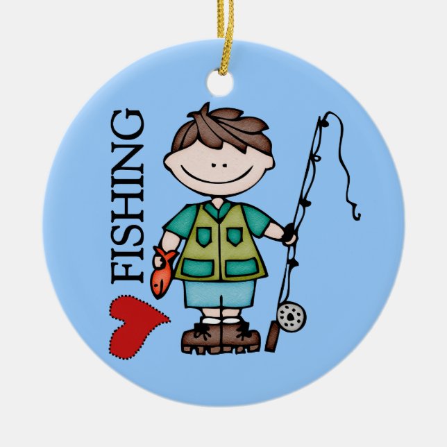Brown Hair Boy I Love Fishing Ornament (Front)