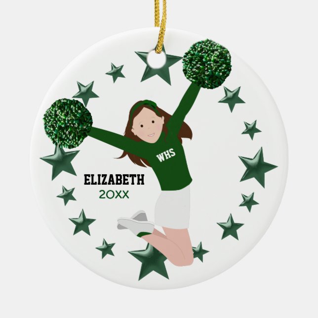 Brown Hair Cheerleader Pom Poms Green & White Ceramic Ornament (Front)