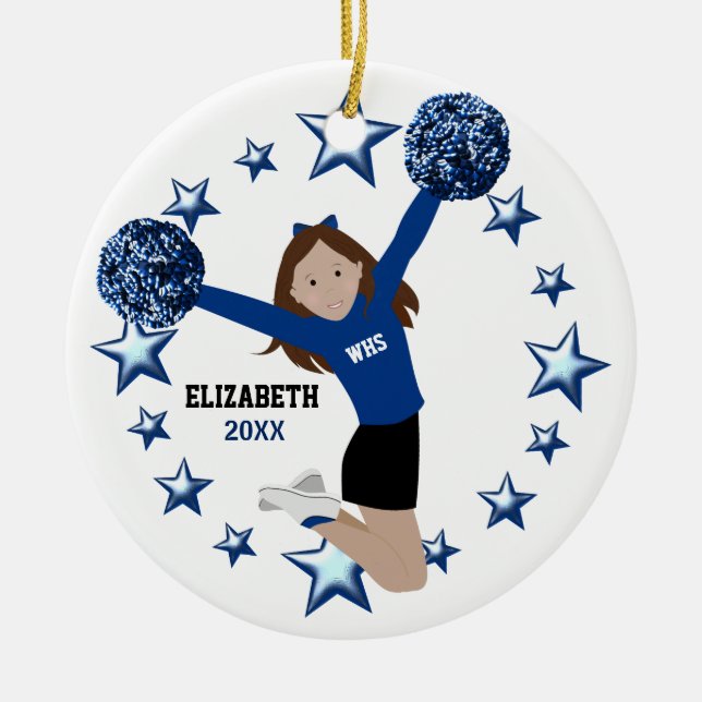 Brown Hair Cheerleader Pom Poms In Blue & Black Ceramic Ornament (Front)