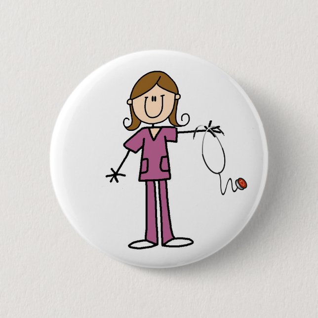Brown Hair Female Stick Figure Nurse 2 Inch Round Button (Front)