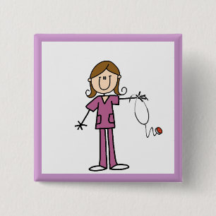 Brown Hair Female Stick Figure Nurse 2 Inch Square Button