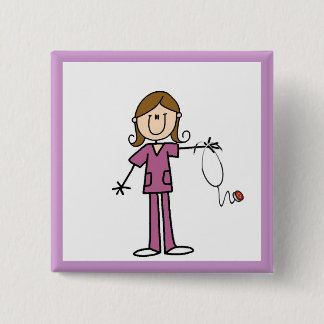 Brown Hair Female Stick Figure Nurse 2 Inch Square Button
