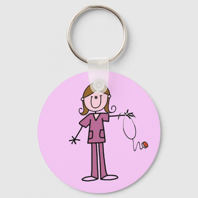 Brown Hair Female Stick Figure Nurse Keychain (Front)