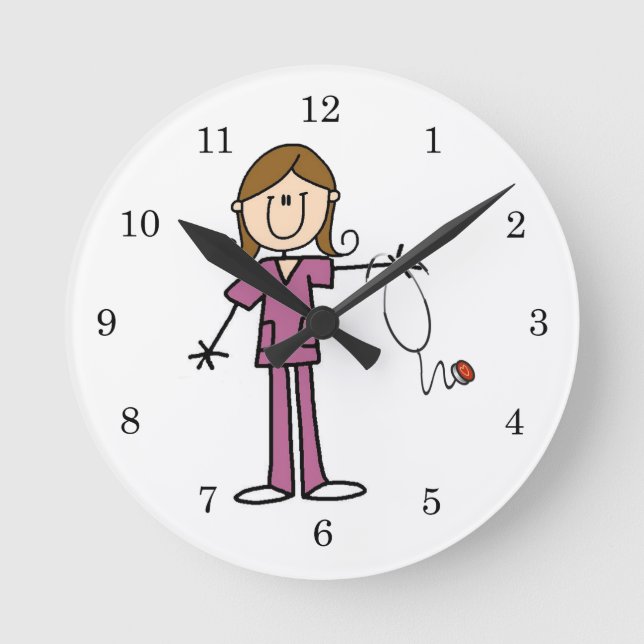 Brown Hair Female Stick Figure Nurse Round Clock (Front)