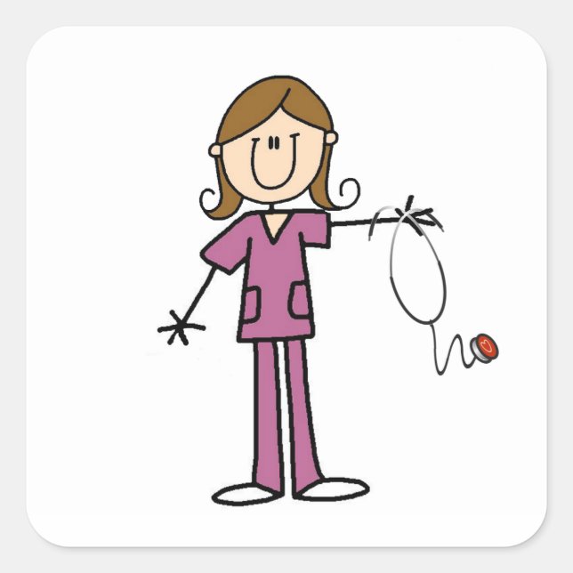 Brown Hair Female Stick Figure Nurse Square Sticker (Front)