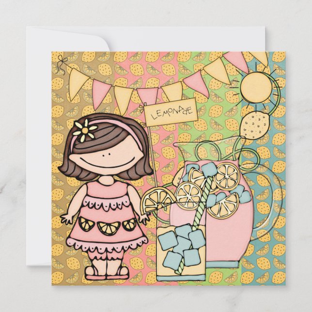Brown Hair Girl Summer Lemonade Birthday Invite (Front)