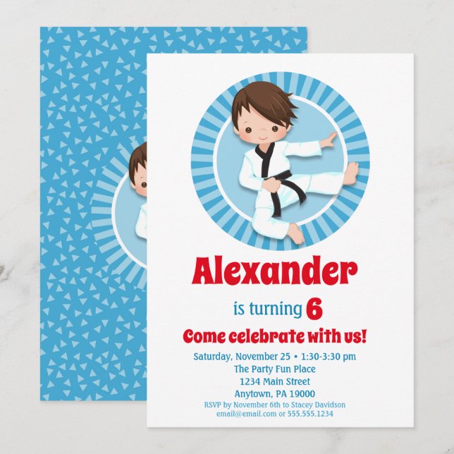 Brown Hair Karate Judo Boys Birthday Invitation (Front/Back)