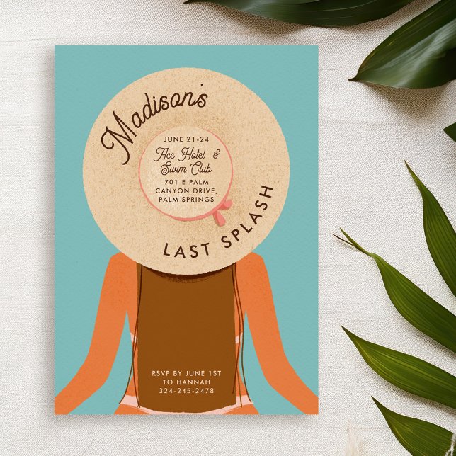 Brown Hair Last Splash Bachelorette Pool Party Invitation (brown hair and tan skin girl wearing a beach hat - bachelorette pool party invitation)