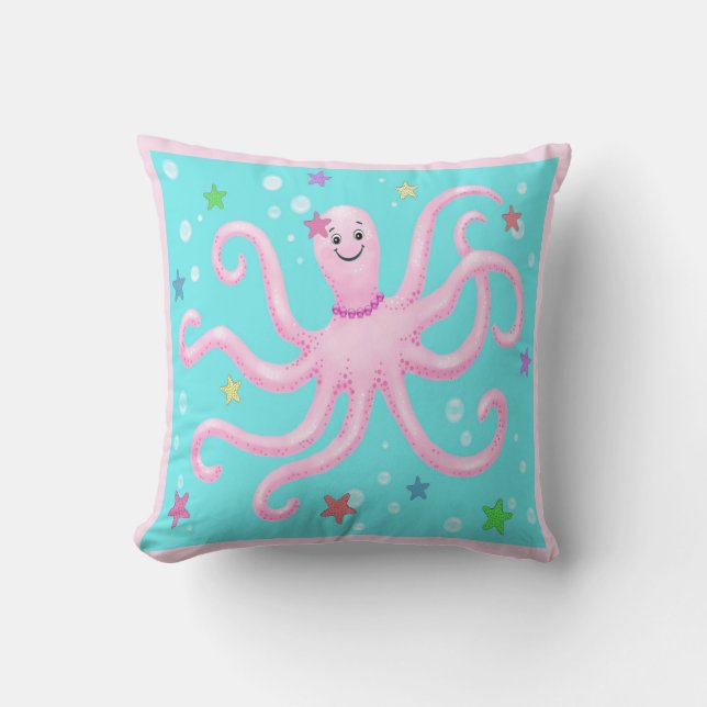 Brown hair mermaid or pink octopus pillow (Front)