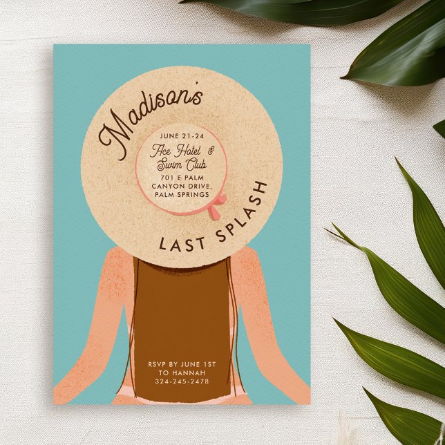Brown Hair Palm Springs Bachelorette Pool Party Invitation (brown hair and light white skin girl wearing a beach hat - bachelorette pool party invitation)