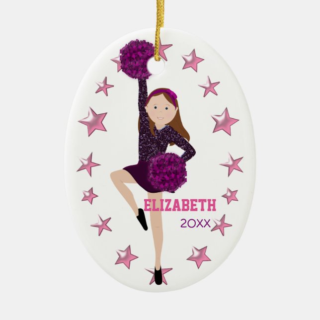 Brown Hair Pom Squad Personalized Keepsake Ceramic Ornament (Front)