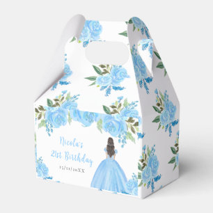 Brown Hair Princess Blue Floral Birthday Party Favor Box