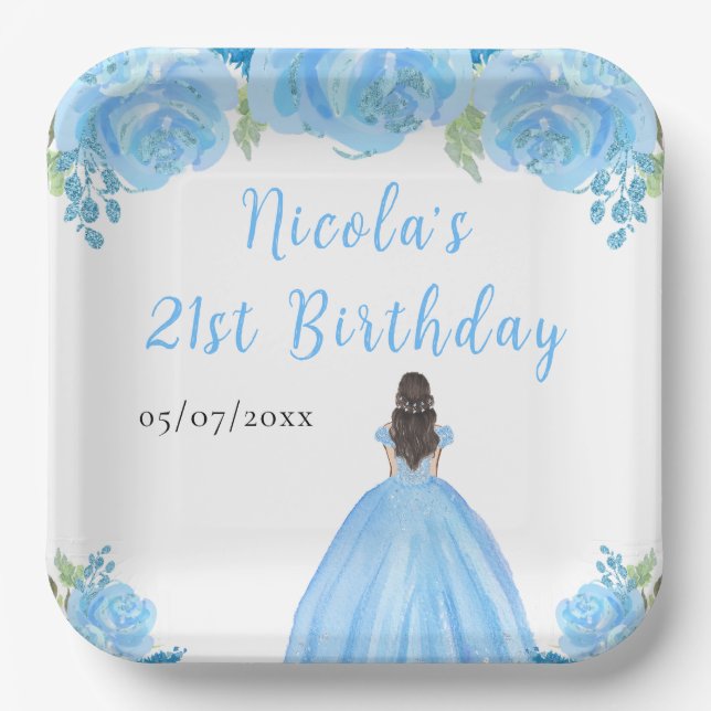 Brown Hair Princess Blue Floral Birthday Party Paper Plate (Front)