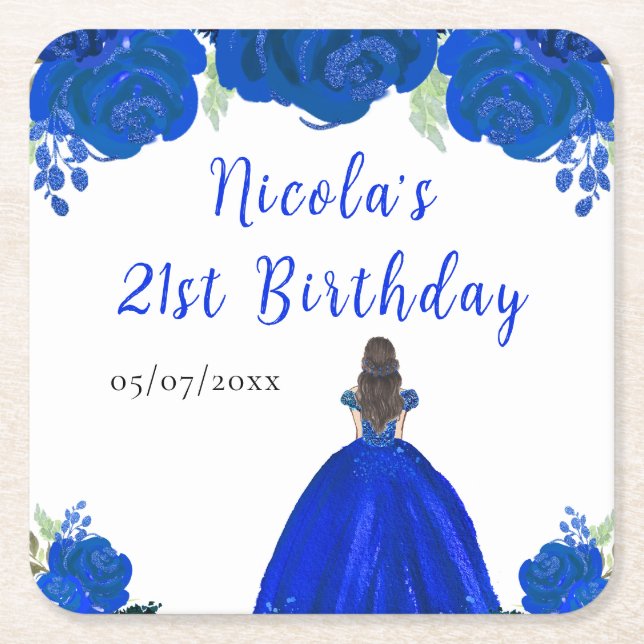Brown Hair Princess Blue Floral Birthday Party Square Paper Coaster (Front)