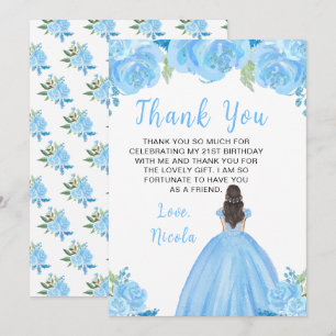 Brown Hair Princess Blue Floral Birthday Party Thank You Card