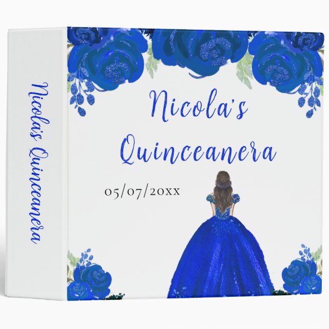 Brown Hair Princess Blue Floral Quinceanera Binder (Front/Spine)