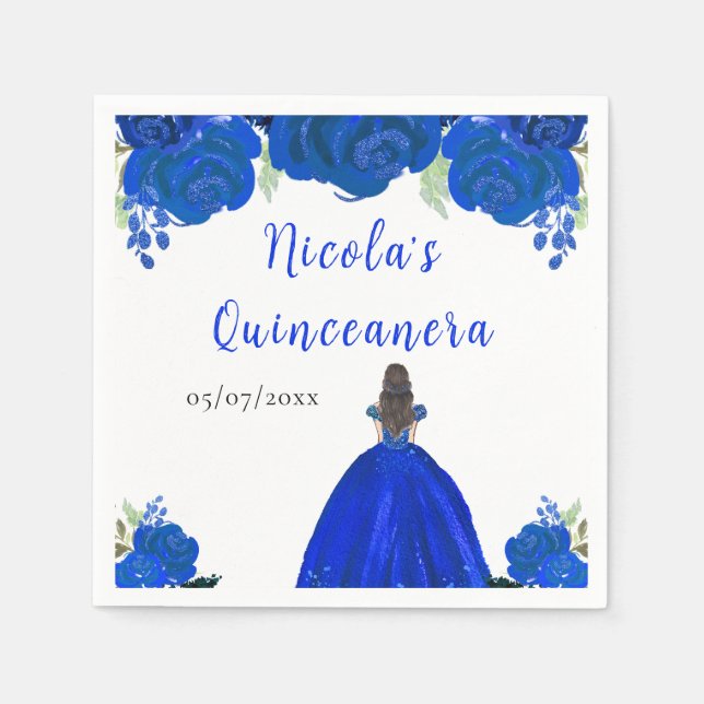 Brown Hair Princess Blue Floral Quinceanera Napkin (Front)