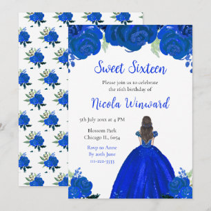 Brown Hair Princess Blue Floral Sweet Sixteen Invitation