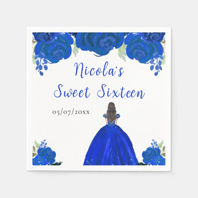 Brown Hair Princess Blue Floral Sweet Sixteen  Napkin (Front)