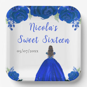 Brown Hair Princess Blue Floral Sweet Sixteen Paper Plate