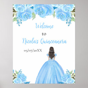 Brown Hair Princess Blue Quinceanera Welcome Poster