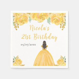 Brown Hair Princess Gold Floral Birthday Party Napkin