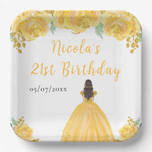 Brown Hair Princess Gold Floral Birthday Party Paper Plate