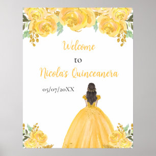 Brown Hair Princess Gold Quinceanera Welcome Poster