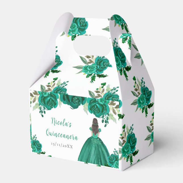 Brown Hair Princess Green Floral Quinceanera Favor Box (Front Side)