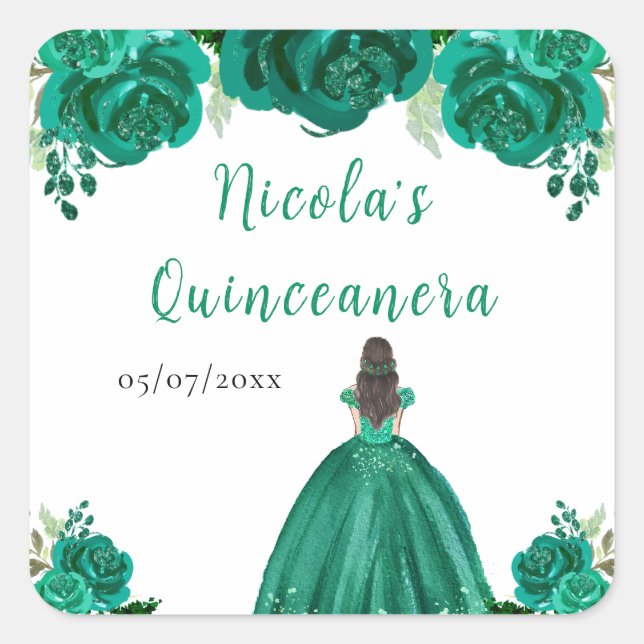 Brown Hair Princess Green Floral Quinceanera Square Sticker (Front)