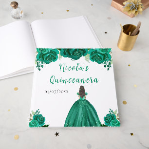 Brown Hair Princess Green Quinceanera Guest Book