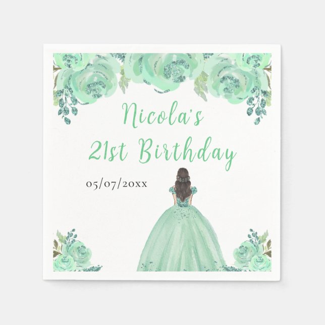 Brown Hair Princess Mint Floral Birthday Party Napkin (Front)
