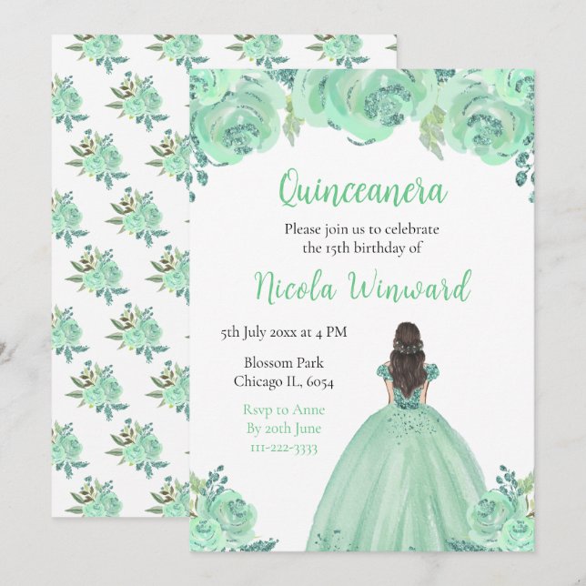 Brown Hair Princess Mint Floral Quinceanera Invitation (Front/Back)