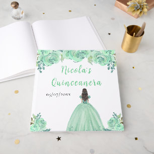 Brown Hair Princess Mint Quinceanera Guest Book