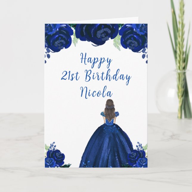 Brown Hair Princess Navy Floral Birthday Party Card (Front)