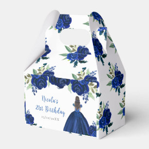 Brown Hair Princess Navy Floral Birthday Party Favor Box