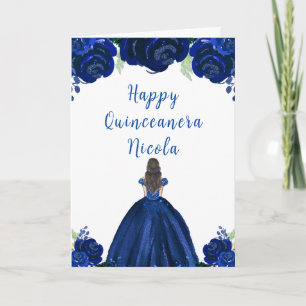 Brown Hair Princess Navy Floral Quinceanera Card
