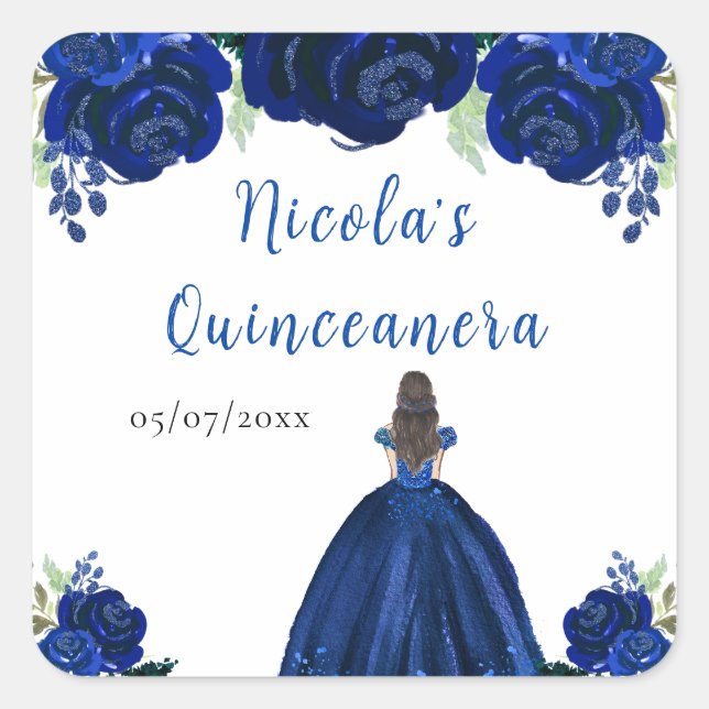 Brown Hair Princess Navy Floral Quinceanera Square Sticker (Front)
