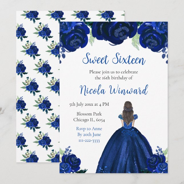 Brown Hair Princess Navy Floral Sweet Sixteen Invitation (Front/Back)