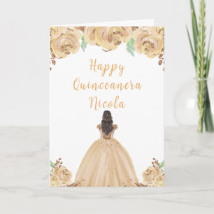 Brown Hair Princess Peach Floral Quinceanera Card
