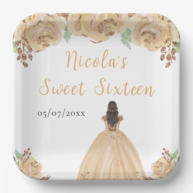 Brown Hair Princess Peach Floral Sweet Sixteen  Paper Plate (Front)
