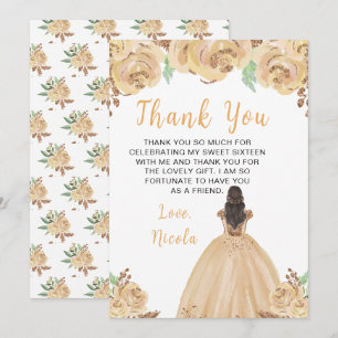 Brown Hair Princess Peach Floral Sweet Sixteen Thank You Card
