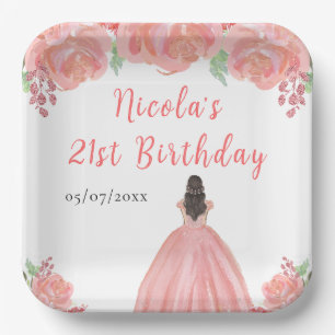 Brown Hair Princess Pink Floral Birthday Party Paper Plate