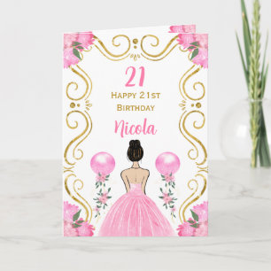 Brown Hair Princess Pink Happy Birthday Card