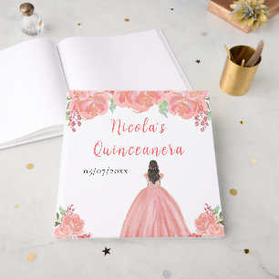 Brown Hair Princess Pink Quinceanera Guest Book