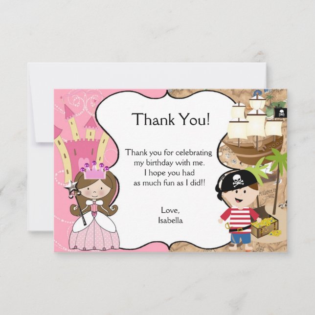 Brown Hair Princess & Pirate Party Thank You Card (Front)