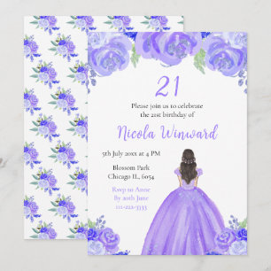 Brown Hair Princess Purple Floral Birthday Party Invitation