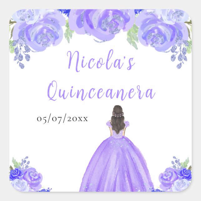 Brown Hair Princess Purple Floral Quinceanera Square Sticker (Front)