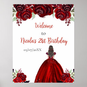 Brown Hair Princess Red Birthday Welcome Poster