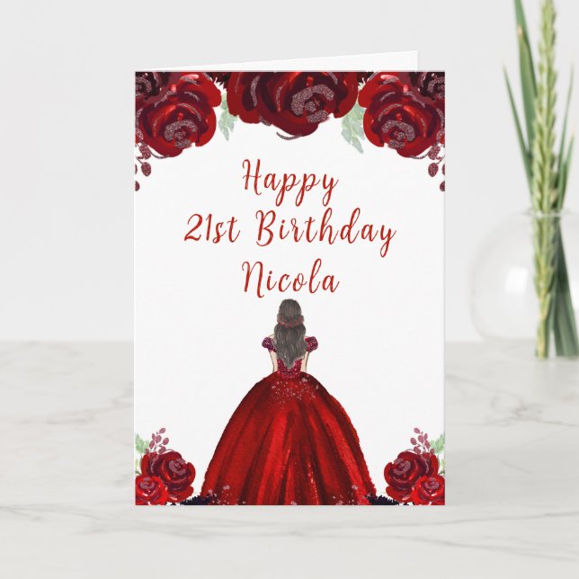Brown Hair Princess Red Floral Birthday Card (Front)